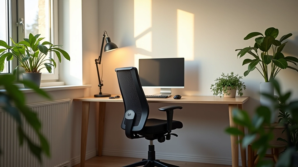 Labiekārtots mājas birojums ar ergonomisku krēslu, galdu un apgaismojumu
